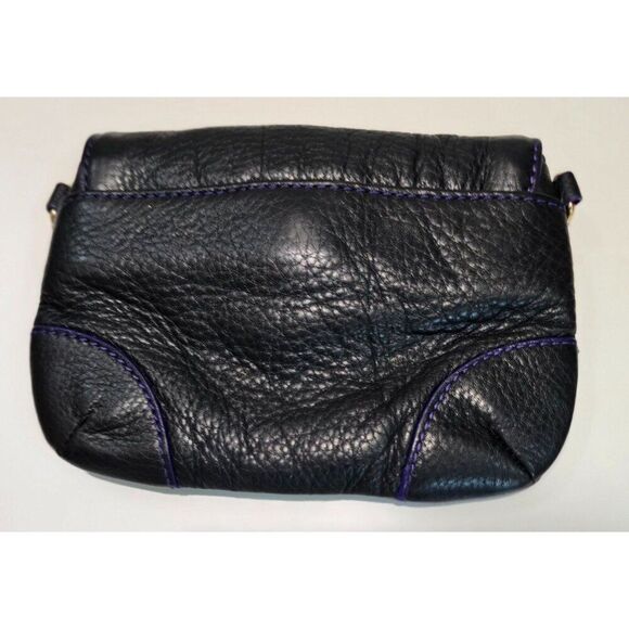 Black Genuine soft Leather Purse Purple Stitching Gold-Tone Accent Snap Closure - Picture 2 of 7